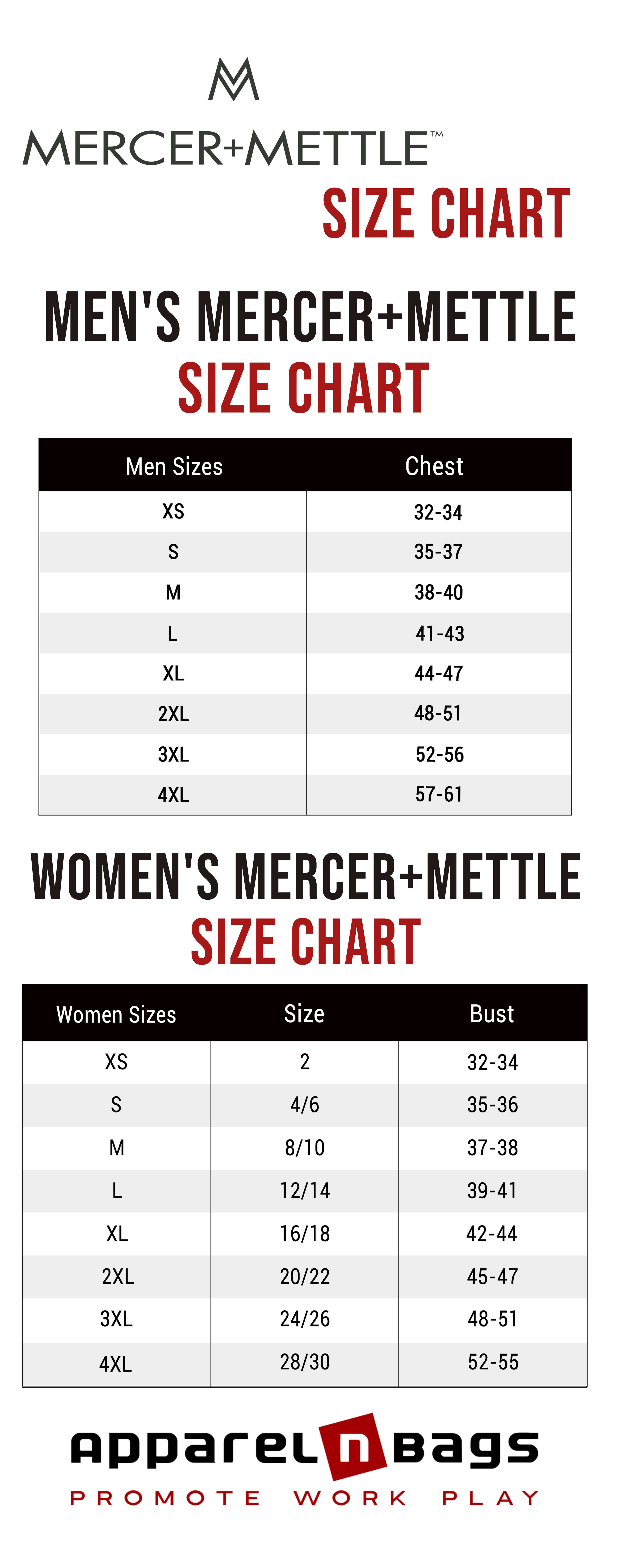 Mercer + Mettle - Size Chart