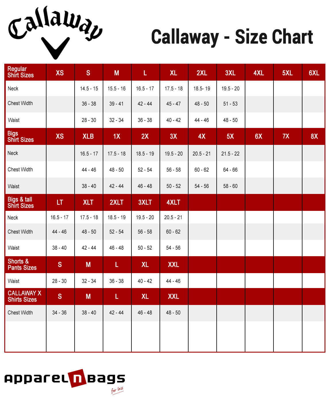 Callaway - Size Chart - ApparelnBags.com