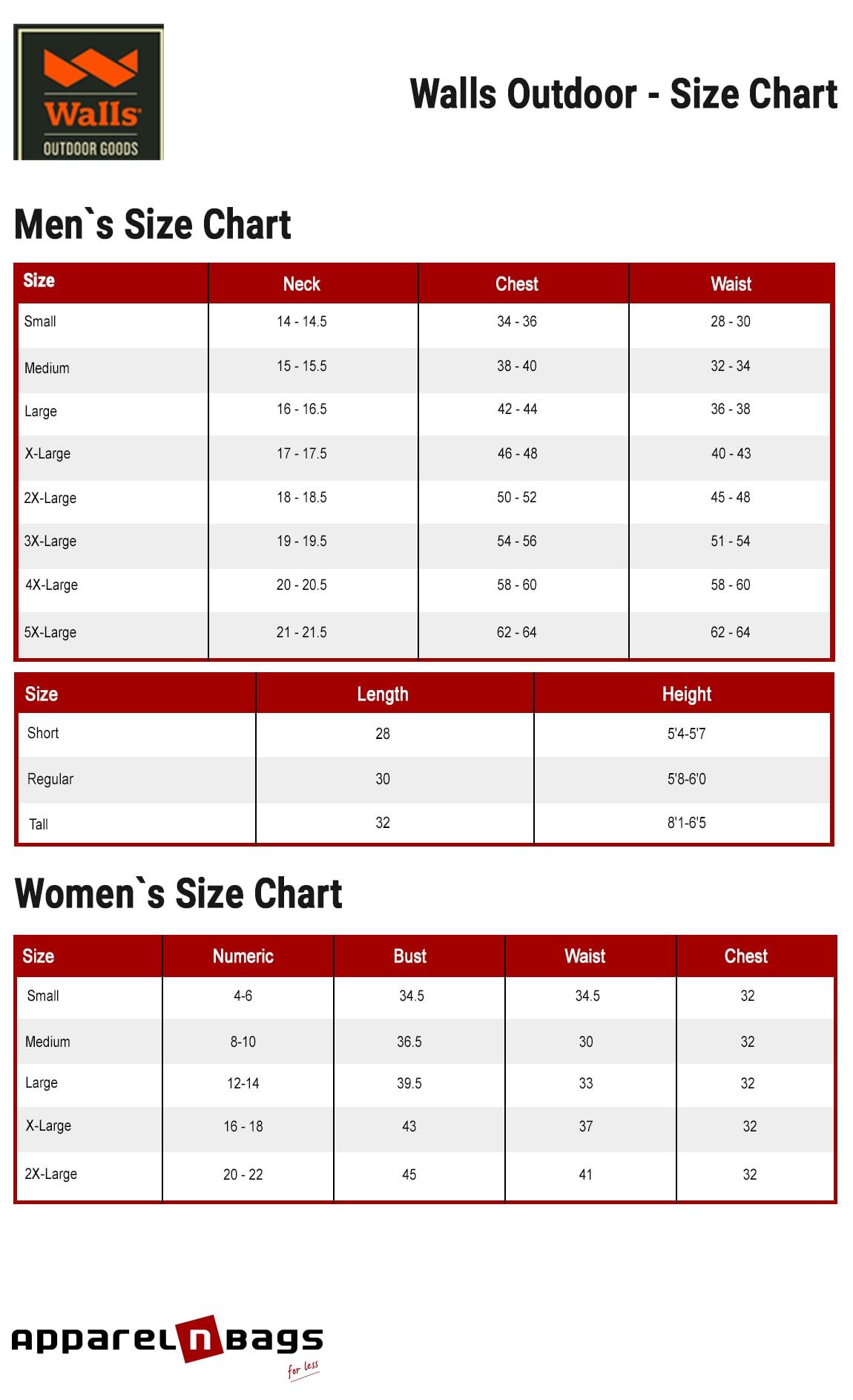 Walls Outdoor Size Chart – ApparelnBags.com