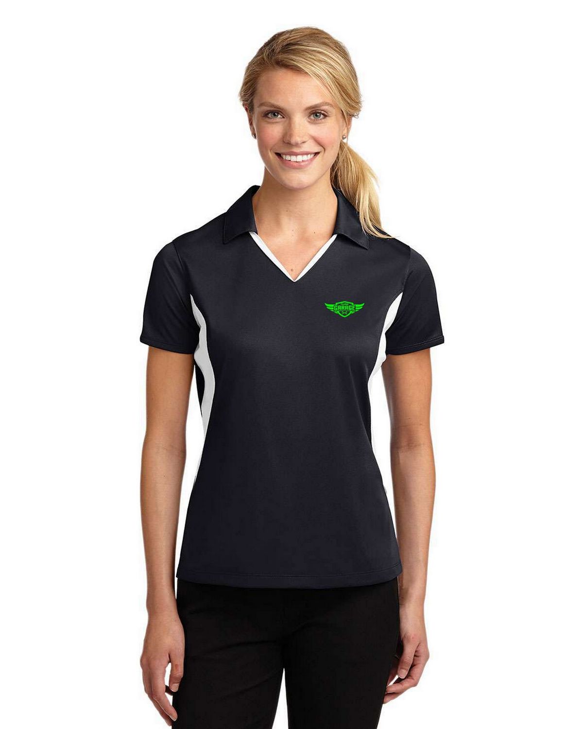Sport-Tek LST655 Womens Black/White Sport-Wick Moisture Wicking Short  Sleeve Polo Shirt —